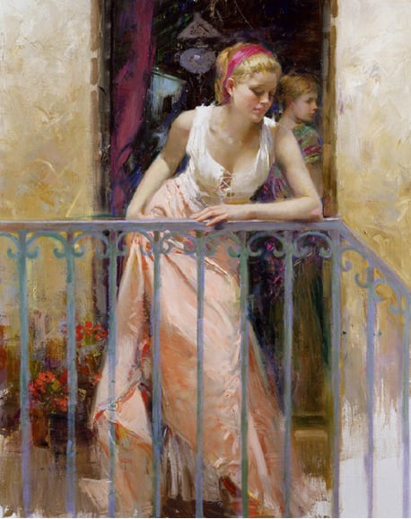 Title: At The Balcony Medium: Giclée on Canvas Embellished Edition Size:  40 x 32 Size:  16 x 20