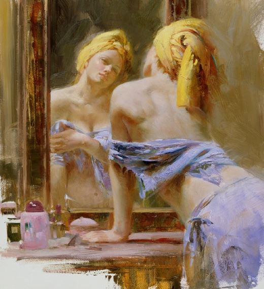 Pino Daeni Morning Reflections-Giclée on Canvas and Embellished Editions Size:  26" x 24″
