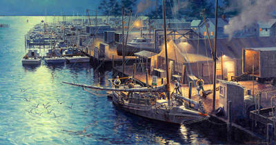 Offloading The Catch At Tilghman Island- Signed By The Artist								 – Paper Giclee
								 – Limited Edition
								 – 600 S/N
								 – 
								12 x 22