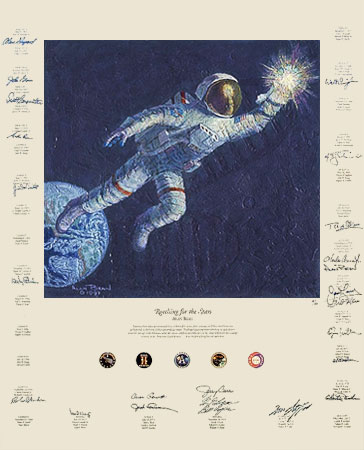 Reaching For The Stars- Signed By 24 Astronauts From The Mercury, Gemini, Apollo, Skylab And Apollo-Soyuz Programs: Buzz Aldrin, Alan Bean, Scott Carpenter, Gerald Carr, Pete Conrad, Gordon Cooper, Walt Cunningham, Charlie Duke, Owen Garriott, Edward Gibson, John Glenn, Dick Gordon, Fred Haise, Jack Lousma, Jim Lovell, James McDivitt, Edgar Mitchell, William Pogue, Wally Schirra, Rusty Schweickart, Alan Shepard, Thomas Stafford, Paul Weitz, Al Worden 								 – Textured Canvas Giclee
								 – Limited Edition
								 – 1500 S/N
								 – 
								34 x 27