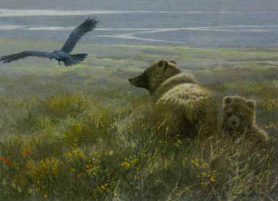 Denali Encounter – Grizzly, Cub And Raven- Signed By The Artist								 – Paper Lithograph
								 – Limited Edition
								 – 650 S/N
								 – 
								12 x 16