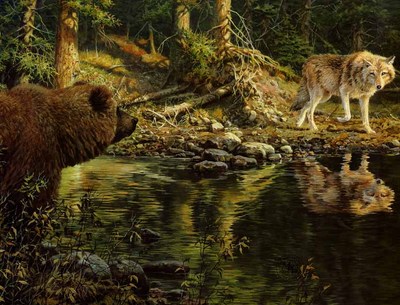 Evening Encounter – Grizzly And Wolf- Signed By The Artist								 – Paper Lithograph
								 – Limited Edition
								 – 1250 S/N
								 – 
								16 x 32